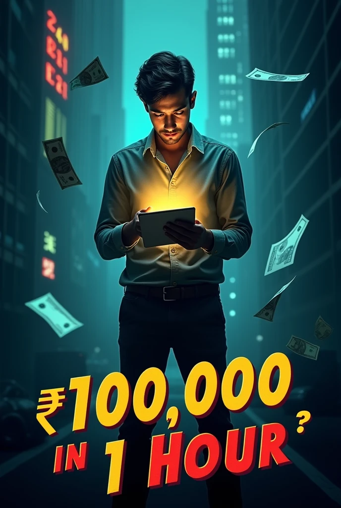 - Create an intense, suspense-filled thumbnail with a modern, urban background.
- Focus on a young man (Aditya) in his mid-20s, wearing casual office attire (light shirt, dark pants), holding a mysterious envelope in one hand and staring at a glowing phone screen in the other. His expression should be a mix of curiosity and tension.
- The background should include a hint of a cityscape with shadows of tall buildings but keep the lighting slightly dim, except for the phone screen's glow illuminating his face.
- In the background, add subtle ghostly imagery of cash notes flying or digital numbers flashing, hinting at the money challenge.
- Text on the thumbnail: "₹10,000 in 1 Hour?" in bold, eye-catching font with vibrant colors like red and yellow to add urgency.
Size: 1280x720