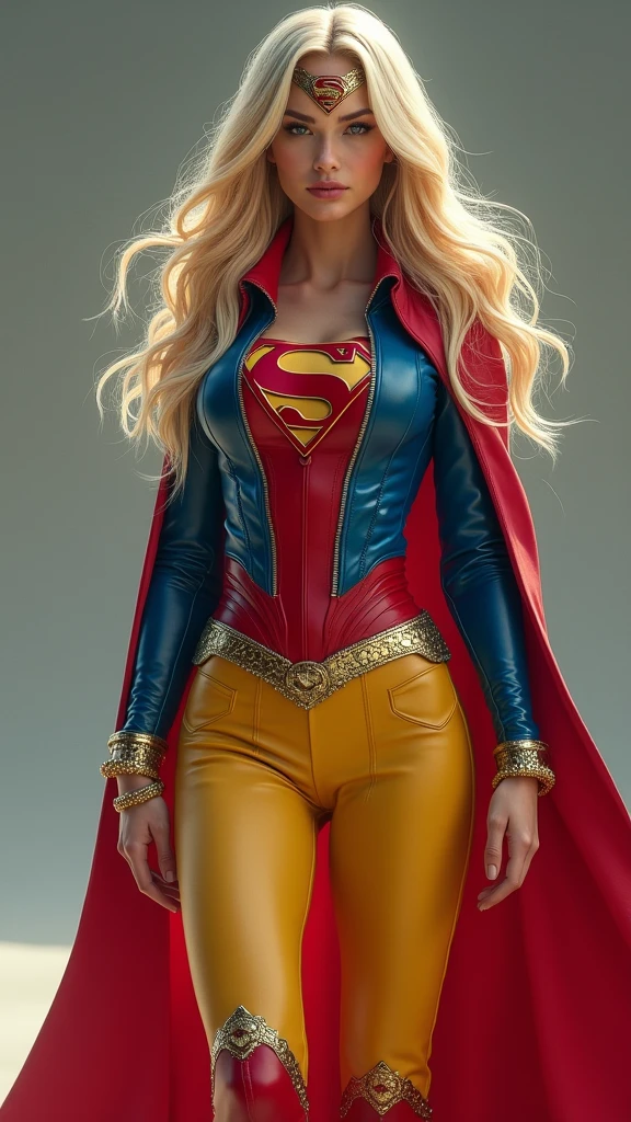 A beautiful woman with long blonde hair three feet long wearing the costume of the Kryptonian Kara Zor-El aka Supergirl Outfit Blue and red leather jacket Red corset with Superman emblem on her chest Yellow leather pants Red knee-high boots with gold trim Long gold bracelets Headband with Superman logo or emblem on her forehead