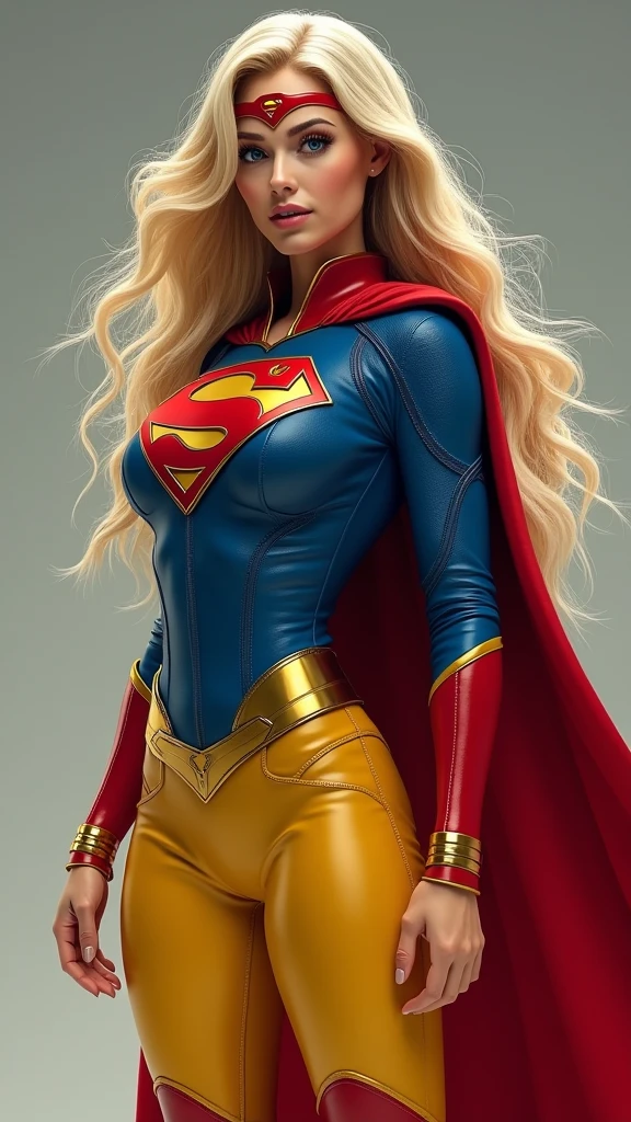 A beautiful woman with long blonde hair three feet long wearing the costume of the Kryptonian Kara Zor-El aka Supergirl Outfit Blue and red leather jacket Red corset with Superman emblem on her chest Yellow leather pants Red knee-high boots with gold trim Long gold bracelets Headband with Superman logo or emblem on her forehead