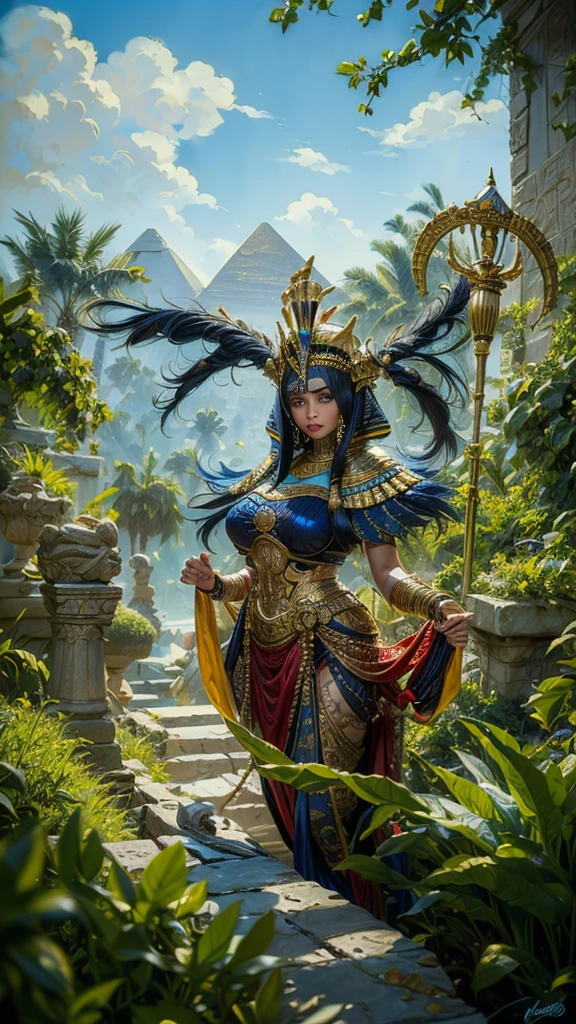 ((Frank Frazetta oil painting)),beautiful Queen Cleopatra Egyptian woman, Beautiful black eyes、smiling Egyptian woman, (Glossy Egyptian ornaments, perfect body:1.4,(top-quality、8K、32K、​masterpiece)、超A high resolution, ((traditional Egyptian bangs and fringe hairstyle)), black hair with heavy bangs on the forehead, (cowboy shot), depth of field, cinematic lighting effect、muscular body, caramel skin shiny with oil and sweat, ((Egyptian sorceress)), ((wearing insanely detailed blue and gold ancient Egyptian sorceress outfit)), ((ornate blue and gold Egyptian headdress)), interior of ancient Egyptian palace, NSFW