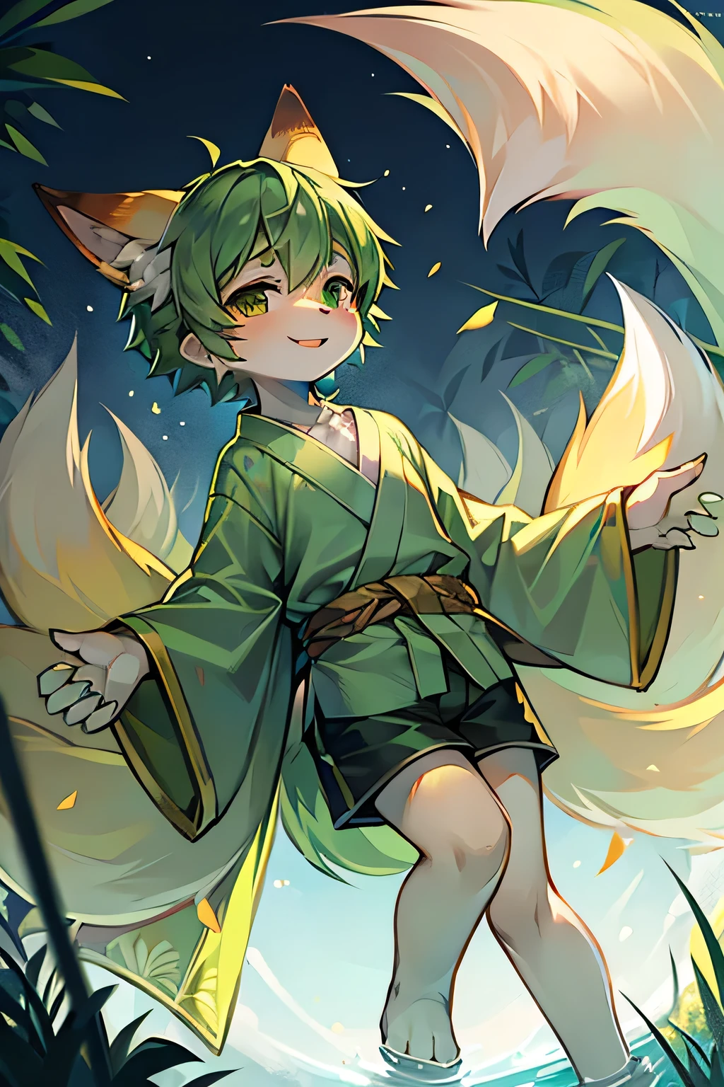 1 person,Small child,Cheerful face,Short Hair,Yellow-green hair,Fox ears with a yellowish-green color,6 tails,light green kimono,Shorts,White skin