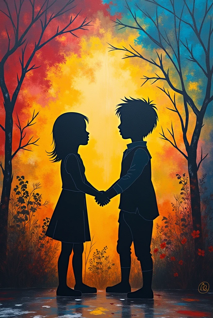 A mural of the value of prudence in school art muralism, that there are simply two silhouettes and that the values are conceptual and that the people are not realistic, but rather they be simple, and a bit more colorful and expressive, more expressive and educational with the value of collaboration