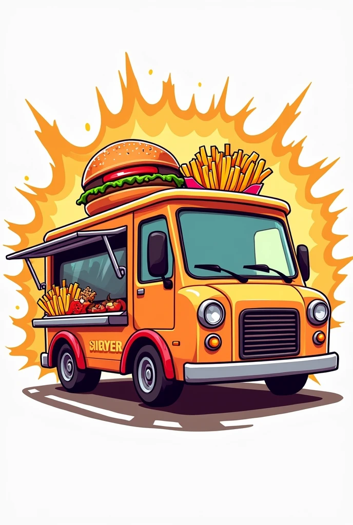 Give me a logo of a fast food truck character that has fries and a burger around it