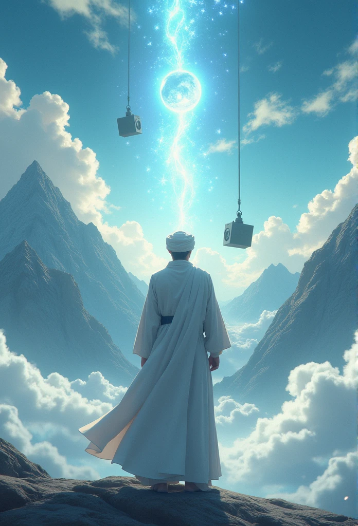 animation. Cinematic A very dignified and dashing Muslim man, wearing a long white turban that extends downwards, wearing a long plain white robe, facing backwards, only his back is visible, you can see the aura, chakras and good power that are coming out powerfully around his body, he standing in the middle of a cloudy mountain peak, in an epic view of the sky and beautiful clouds, in the sky filled with electronic equipment for a preaching studio, there are floating objects such as microphones, speakers, computers, headphones. Anime style. UHD. 4K.
