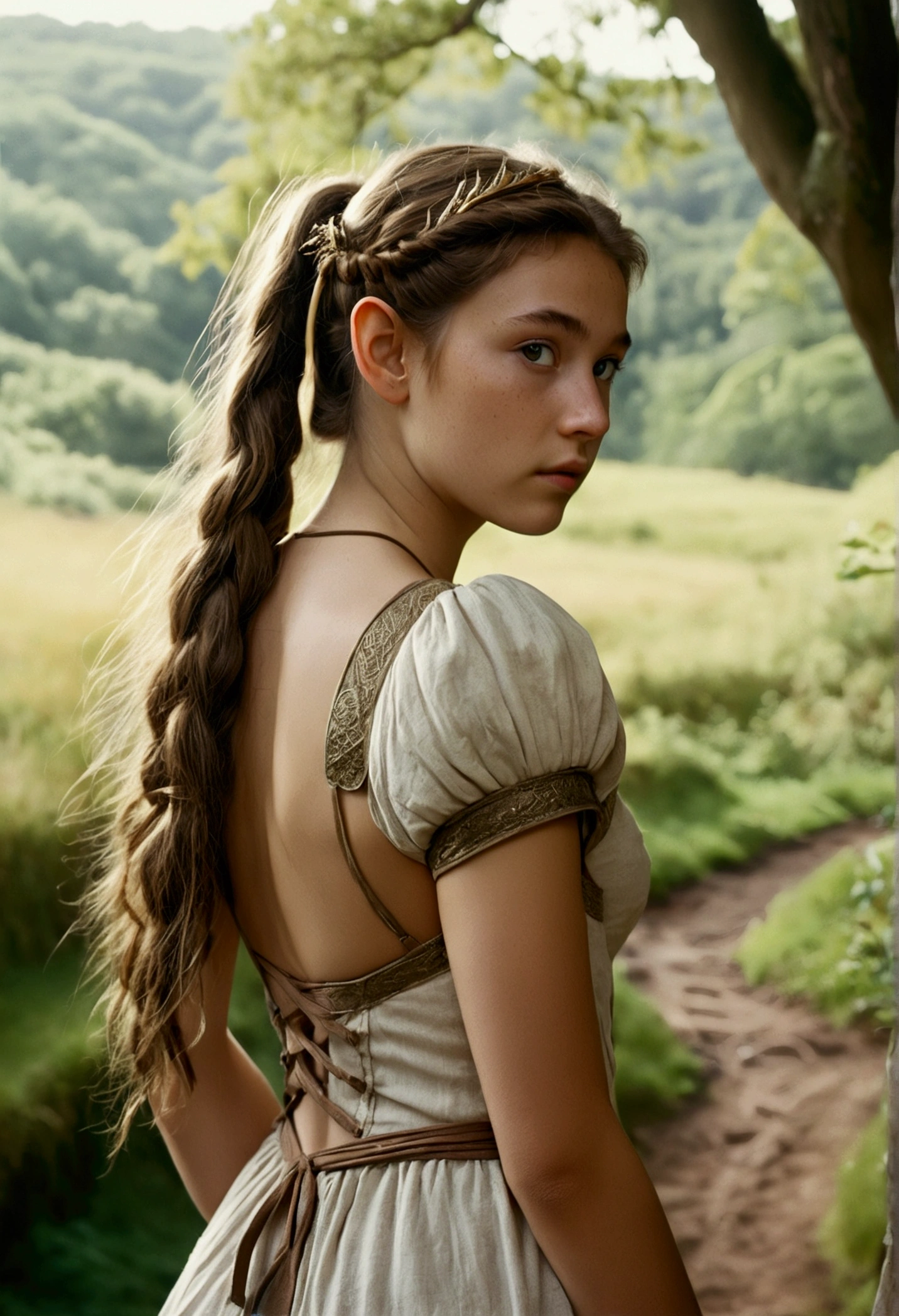 analog film photo, photo of a young elven girl, 18 years old, elf ears, amber eyes, shaggy brunette ponytail, tan complexion, Amazonian stature, voluptuous hourglass figure, busty bosom, narrow waist, full hips, big plump buttocks, wearing a linen mini-dress, strolling through a fantasy landscape, RAW Photograph, dslr, soft lighting, high quality, film grain, Fujifilm XT3, detailed skin with visible pores, insane details, masterpiece, 8k, 35mm photograph, dslr, kodachrome, faded film, desaturated, grainy, vintage, Lomography, stained, highly detailed, found footage, close-up shot, elven ears
