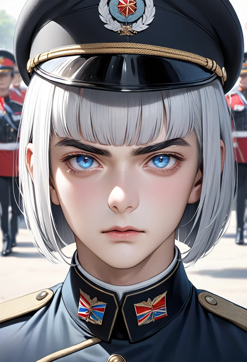 1 male Silver trimmed blunt bob cut White eyebrows Bangs cut straight above the eyebrows Light blue eyes Black and white uniform Military parade square Realistic