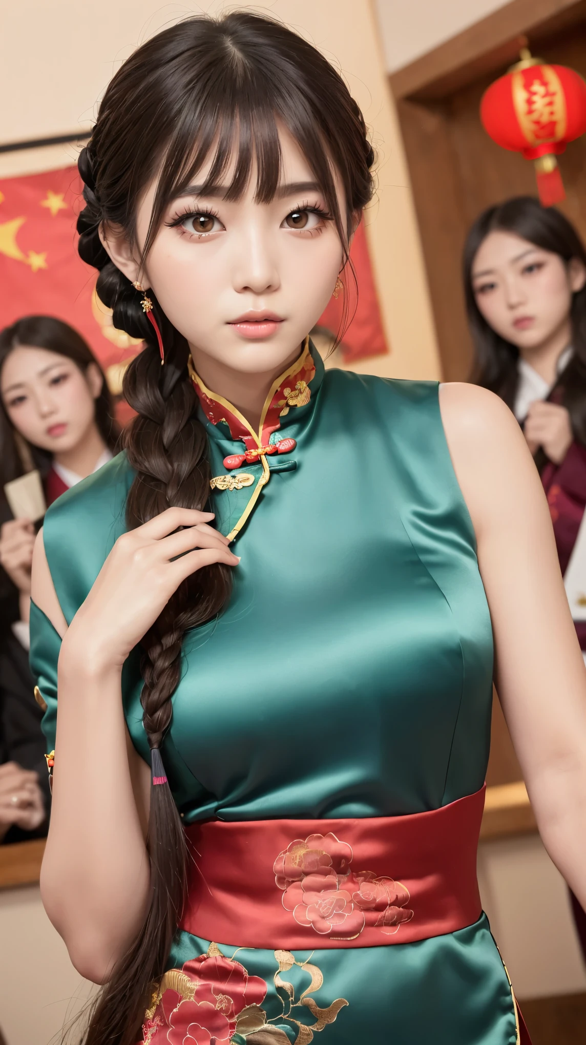 Realistic, masterpiece, Highest quality, Highest Resolution, Anatomically correct, Accurate Anatomy, 7 heads, Height: 165cm, One Japanese woman, Staring at the audience, Open your mouth and laugh, Staring at the audience, Fine and beautiful eyes, Sparkling eyes, Thin eyebrows, Gives lashes a delicate finish, False eyelashes, (Chinese traditional makeup:1.2), (Dumpling+Braided hair, Blunt bangs, Brown Hair:1.2), Detailed face, Sharp Eyes, (Traditional Chinese Dress, Clothes that fit snugly to the body, Random Color:1.3), Upper body photo, Background like ink painting