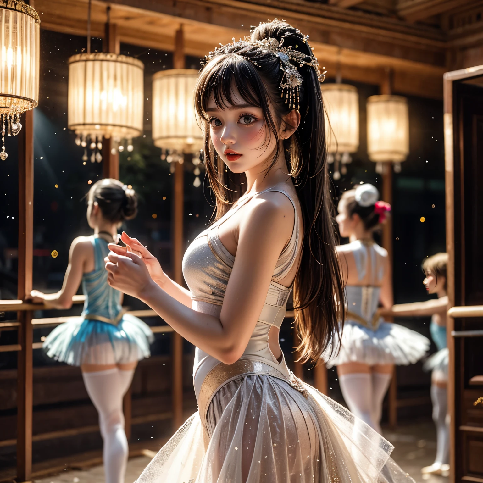 SFW, ExtremelyDetailed (((Kawaii Ballet Girls Group in a row:1.37))), Childish perfect face, Reflective Eyes, Detailed(Delicate Clothing textures), Corrected Leg Line, Corrected Hand, (Correct limbs), Dynamic Joyful Expressions LifeLike Rendering, ((Specular Reflection:0.8)), TopQuality 8K Ultra-detailed masterpiece (ProfessionalPhoto:1.37)(Acutance:0.8),(Luminism:1.28), Light particles, (Muscle:-0.5), (Transparent tutu), facing away (Clearly visible Beautiful hip shape) (from side), Renaissance art style