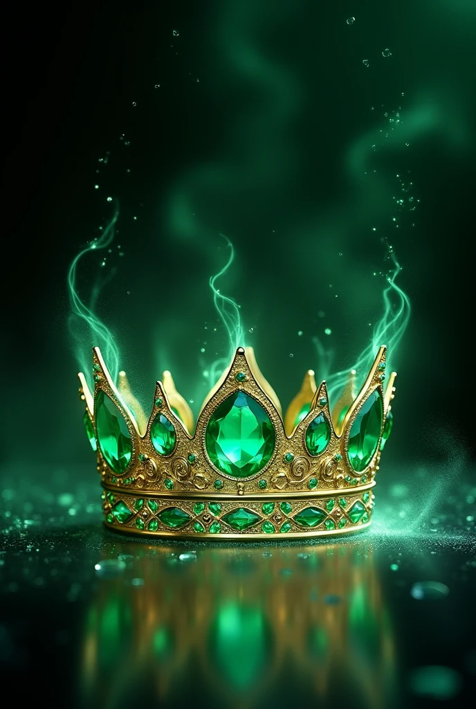 Create an image of a luxurious emerald green gemstone crown floating above a dark, reflective surface. The crown should be intricately designed with gold accents, encrusted with glowing emeralds that emit a soft light. Surrounding the crown, delicate streams of emerald green light rise from the surface, twisting and swirling like tendrils of energy. The background should be deep black with subtle, shimmering green particles that add depth and mystique to the scene, highlighting the crown as the centerpiece of elegance and power."image size should be 3:4