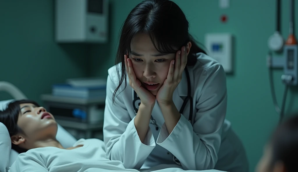 A female doctor crying with brutal injury dead