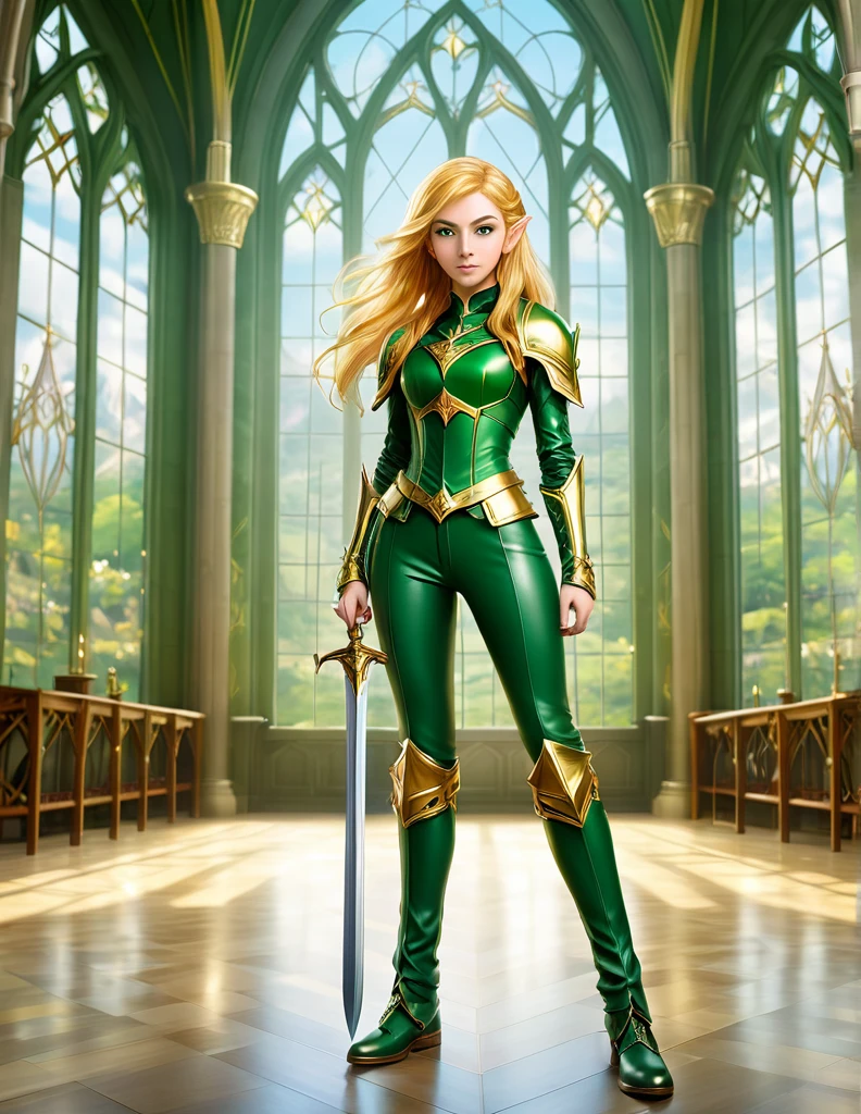 An anime-style image featuring Lyria Vaeloria, a distinctly feminine -yeld elith golden hair and deep green eyes. She is dressed in green leather trousers and is in a combat-ready stance at a magic and sword-fighting academy. The background should showcase the majestic academy with elements such as towering spires, grand windows, and house banners symbolizing various schools of magic. The foreground should have her in focus, with subtle but clear feminine features, engaging in a mock battle or training session. The academy's training area may include magical inscriptions, training dummies, and students practicing different forms of combat, all within a vivid and detailed anime setting.