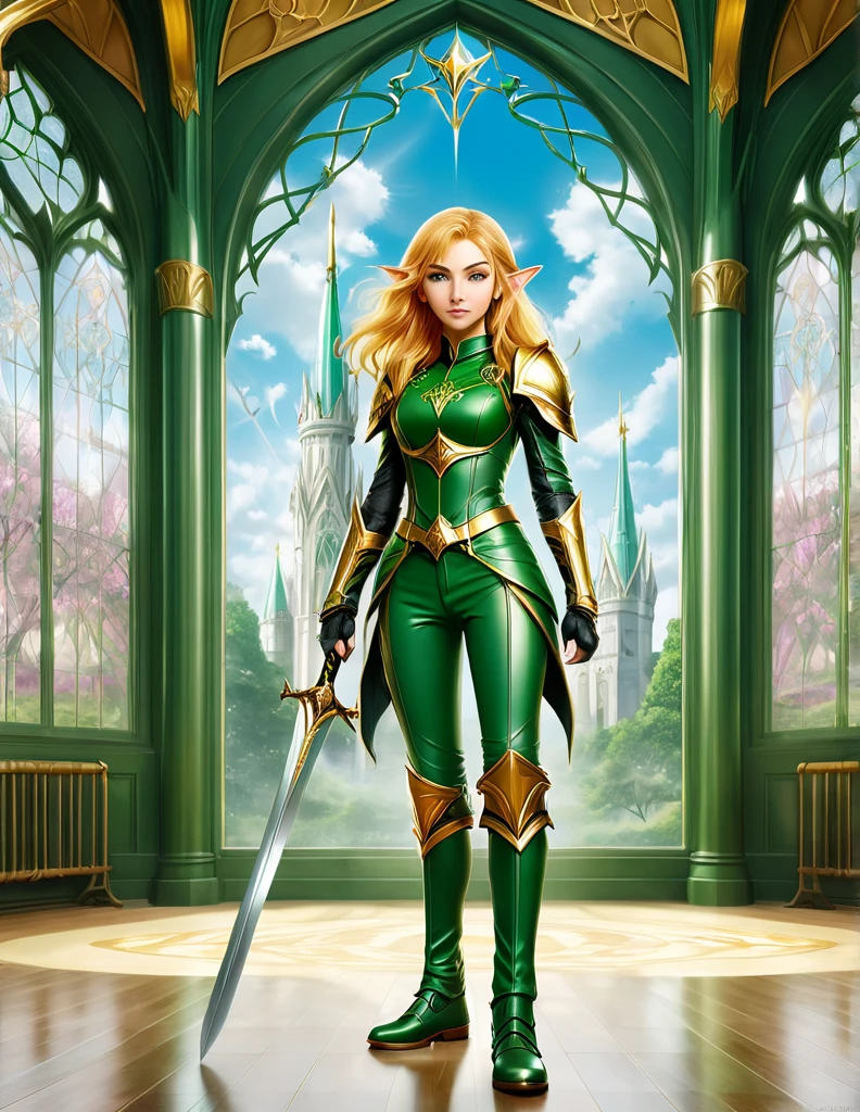 An anime-style image featuring Lyria Vaeloria, a distinctly feminine 16-year-old elf with golden hair and deep green eyes. She is dressed in green leather trousers and is in a combat-ready stance at a magic and sword-fighting academy. The background should showcase the majestic academy with elements such as towering spires, grand windows, and house banners symbolizing various schools of magic. The foreground should have her in focus, with subtle but clear feminine features, engaging in a mock battle or training session. The academy's training area may include magical inscriptions, training dummies, and students practicing different forms of combat, all within a vivid and detailed anime setting.