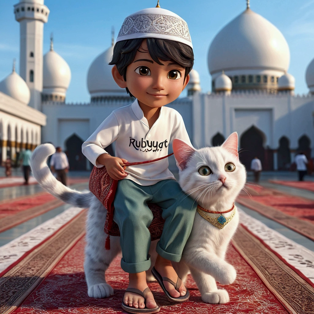 25 year old Indonesian youth, wearing a white kopyah with a prayer mat around his neck wearing a long-sleeved white shirt with the words "RubyART", wearing trousers and flip-flops going to the mosque riding a large kitten. The mosque background is magnificent and coolmidday. high quality