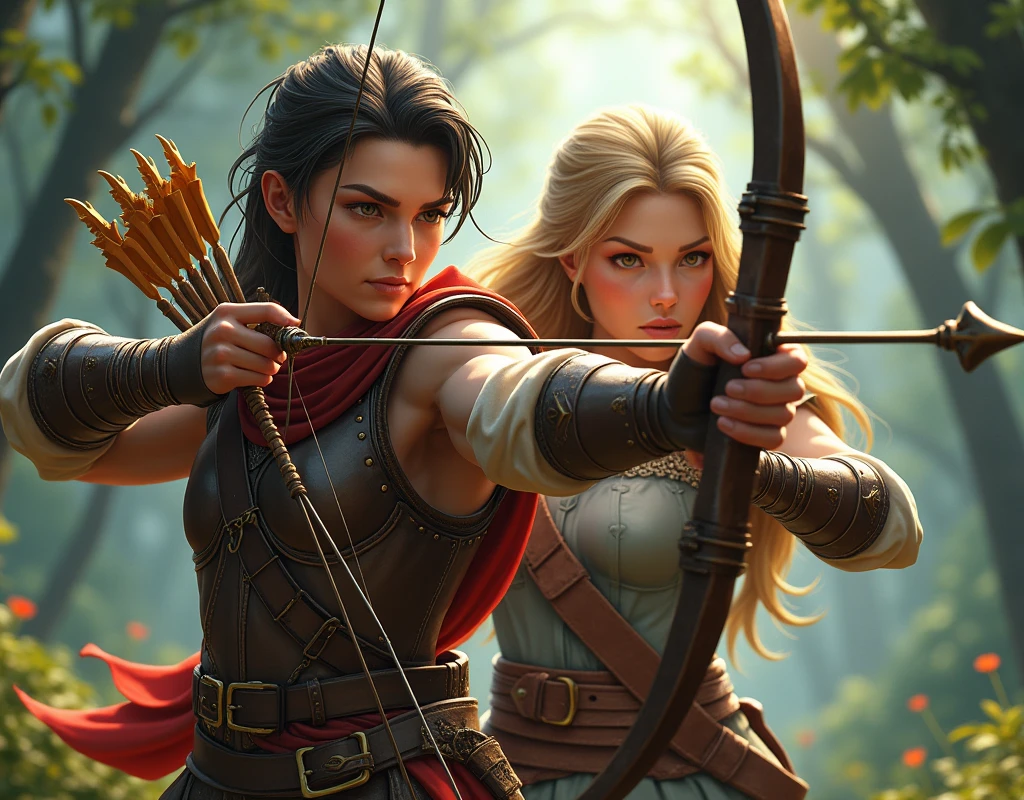 A dynamically heroic pair of archers, one clad in leather armor with a bow drawn, the other a princess with a determined expression, stand in an action pose. This 3D image captures them in a moment of intense focus and skill. Their attire is detailed with intricate designs, highlighting the craftsmanship of their outfits. The background is a lush forest scene, adding depth and realism to the image. Overall, this high-quality digital painting showcases the bravery and determination of these mythical characters, drawing viewers into their world of adventure and danger.