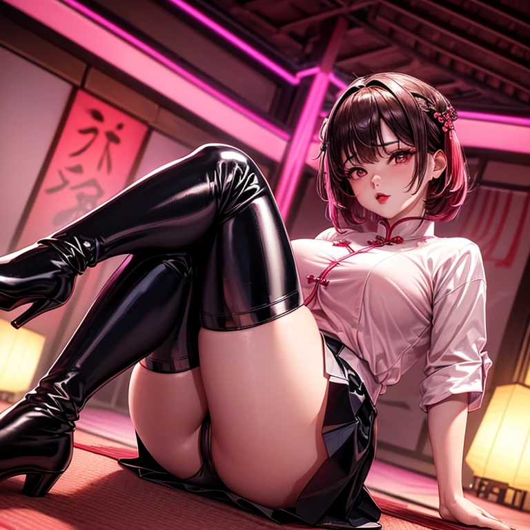 ((Chinese Idol)) 35 talents ((Plump, bright red lips with lipstick)) round face Heavy makeup Big Breasts Plump Brown hair short hair ((Looking into the camera)) Sit with your legs apart ((White button-up shirt with black patent leather tight skirt and black stockings)) ((Knee-high boots)) Skin and chest drenched in sweat (Sit on the futon with your legs spread open.) look down ((A bedroom with shoji and tatami mats lit up in pink neon lights)) Shooting from a camera angle seen from the floor