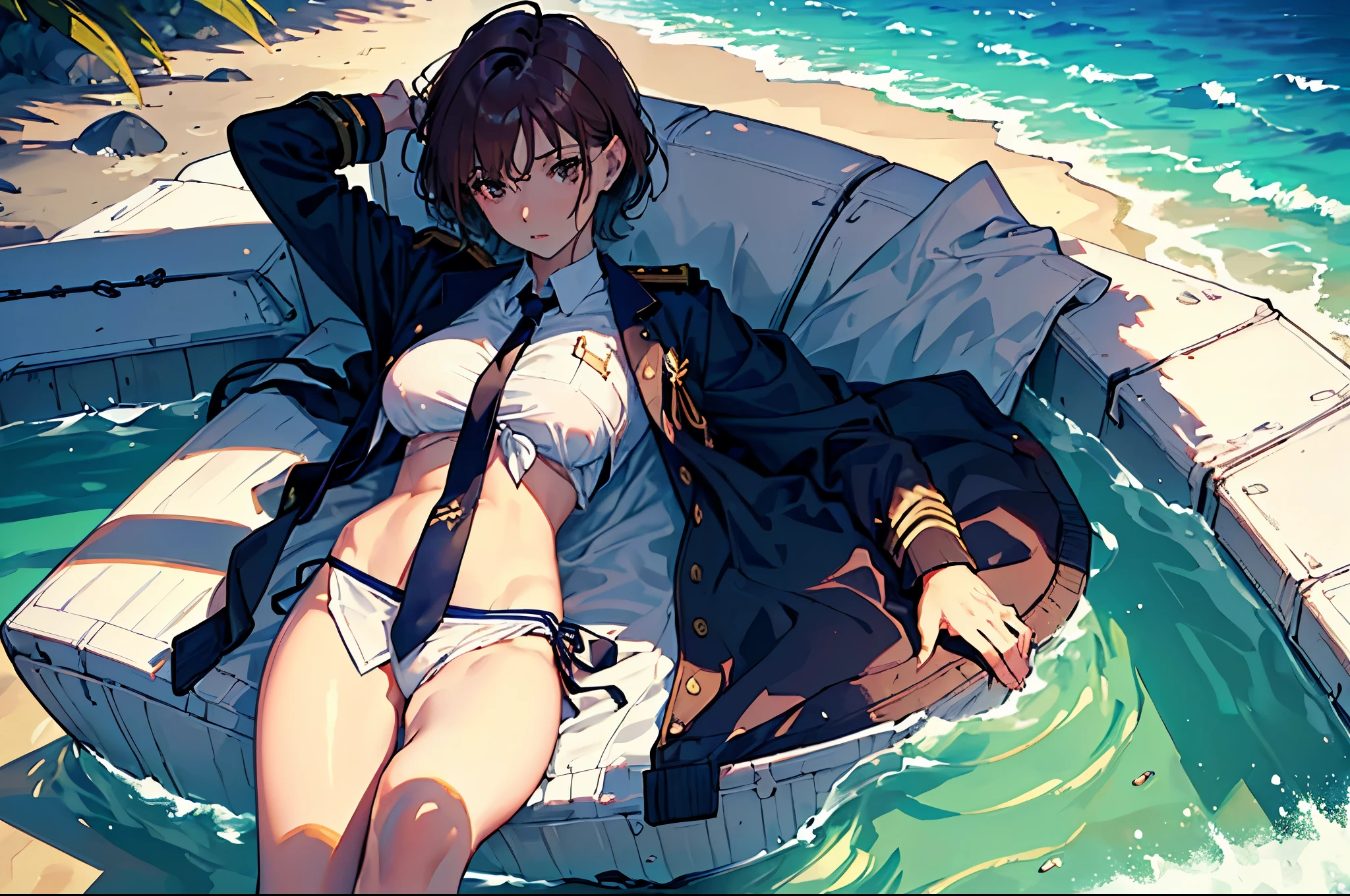 masterpiece,(Perfect Anatomy:1.5), highest quality, 1 lady , slender, leggy, Seductive, brown hair, (wear a white long sleeved shirt, tie, navy officer summer jacket:1.5), white bikini pantie , barefoot, Perfect hands, Perfect body, reclining, lying on a sofa, leg up , looking away, ((Exquisite detail)), Very finely crafted fingers(((10 fingers))), (full body showcase), (Show your whole body), (no background), (No logo) , high resolution, parted lips, belly button, feet up, arms behind head, hip lift,
