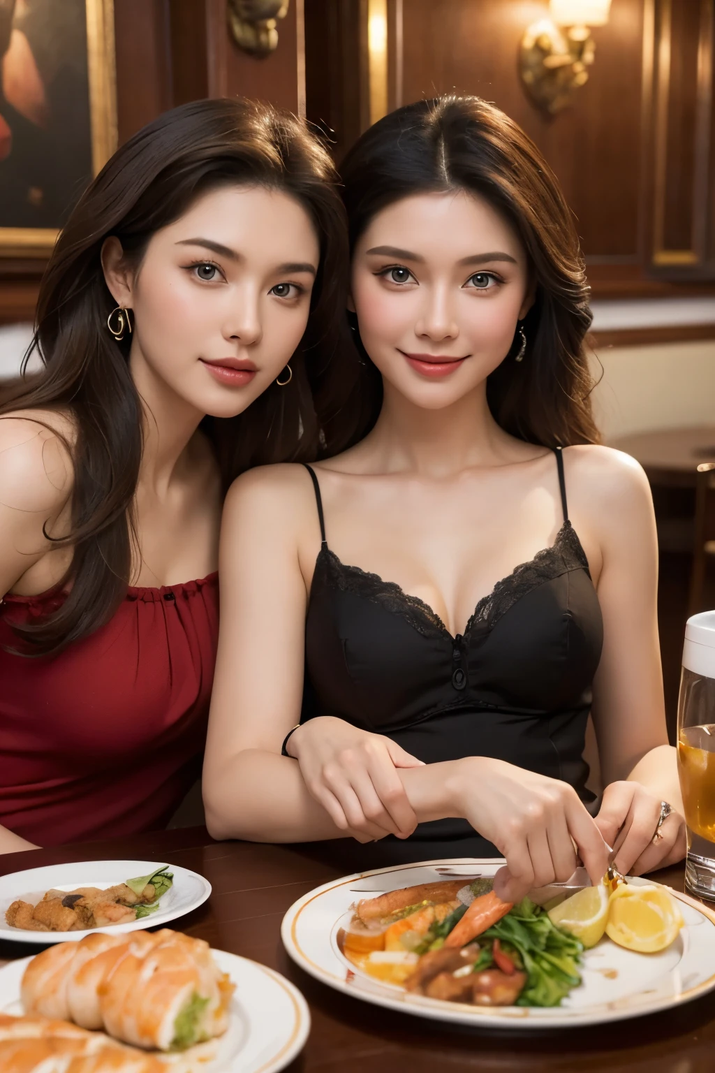 super realistic super detailed faces and eyes, two extremely beautiful women sitting at the table with two plate of food like crabs, shrimp, seafoods and two glasses of cocacola with a very attractive happy smile, greg hildebrandt extremely detailed, beautiful classical art, by Art Frahm, by Igor Grabar, by Tom Lovell, summer afternoon in a classic restaurant, by Alexander Kucharsky, inspired by Art Frahm, by John La Gatta, ( (konstantin razumov)), beautiful painting of friends, masterpiece, super sharp, vivid, UHD, 68K