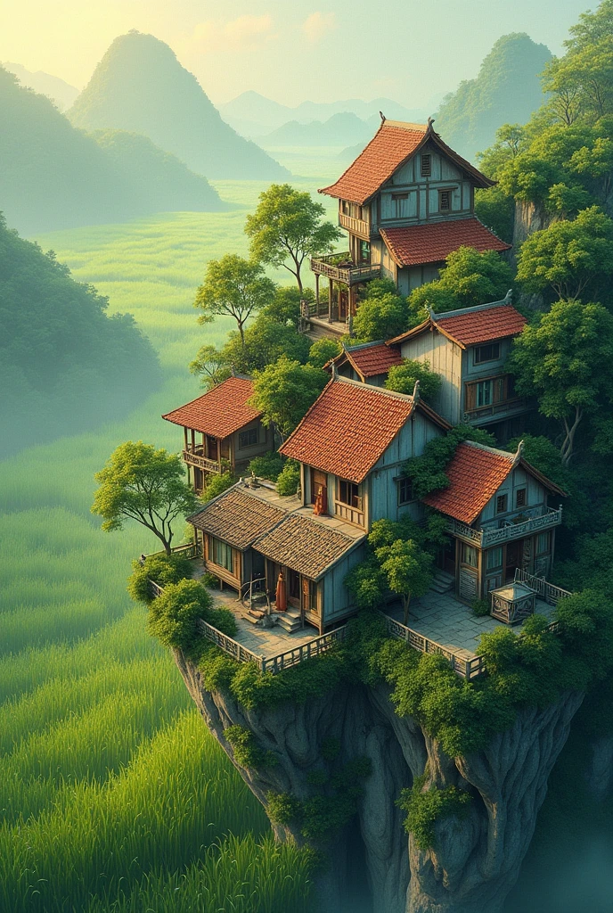 A village on the roof of a house painted a picture of a sedge in Vietnam seen from above.