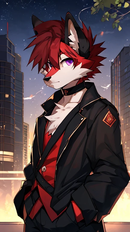 (Artist by zackary911, 8k, high quality, detailed eyes and fur, night, residents background), solo, male fox, anthro, red satured fur, red body, male body, purple eyes, black ears, red hair, short hair, hair cover eye, hands white, choker, eyeliner black, beige jacket, black shirt,