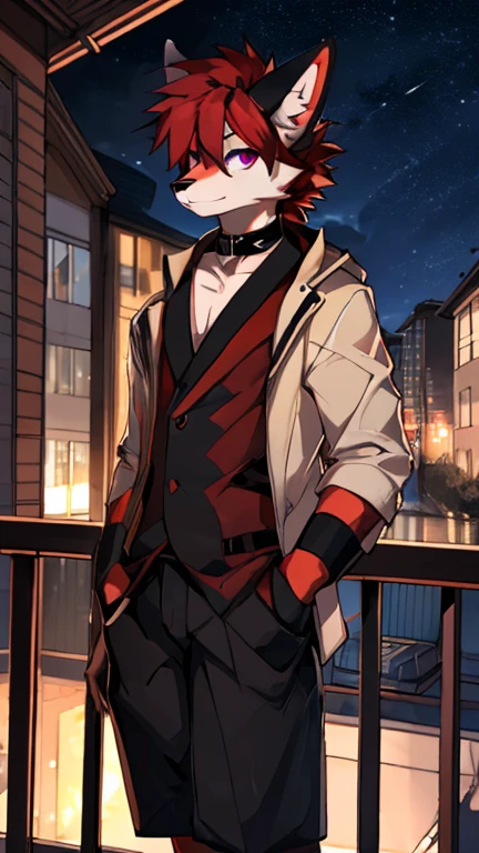 (Artist by zackary911, 8k, high quality, detailed eyes and fur, night, residents background), solo, male fox, anthro, red satured fur, red body, male body, purple eyes, black ears, red hair, short hair, hair cover eye, hands white, choker, eyeliner black, beige jacket, black shirt,