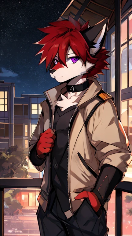 (Artist by zackary911, 8k, high quality, detailed eyes and fur, night, residents background), solo, male fox, anthro, red satured fur, red body, male body, purple eyes, black ears, red hair, short hair, hair cover eye, hands white, choker, eyeliner black, beige jacket, black shirt,