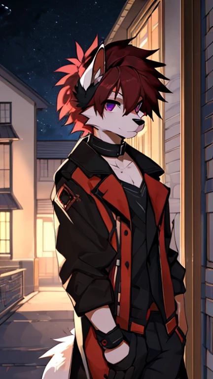 (Artist by zackary911, 8k, high quality, detailed eyes and fur, night, residents background), solo, male fox, anthro, red satured fur, red body, male body, purple eyes, black ears, red hair, short hair, hair cover eye, hands white, choker, eyeliner black, beige jacket, black shirt,