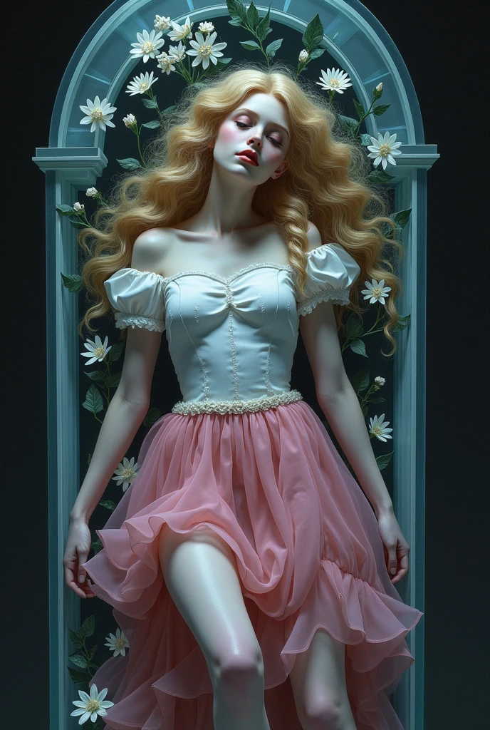 Sleeping Beauty Princess Aurora,Long curly blond hair,Pink skirt,The skirt is torn,Yandere,Lying in a crystal coffin,White flowers and black leaves beside it,Pale face