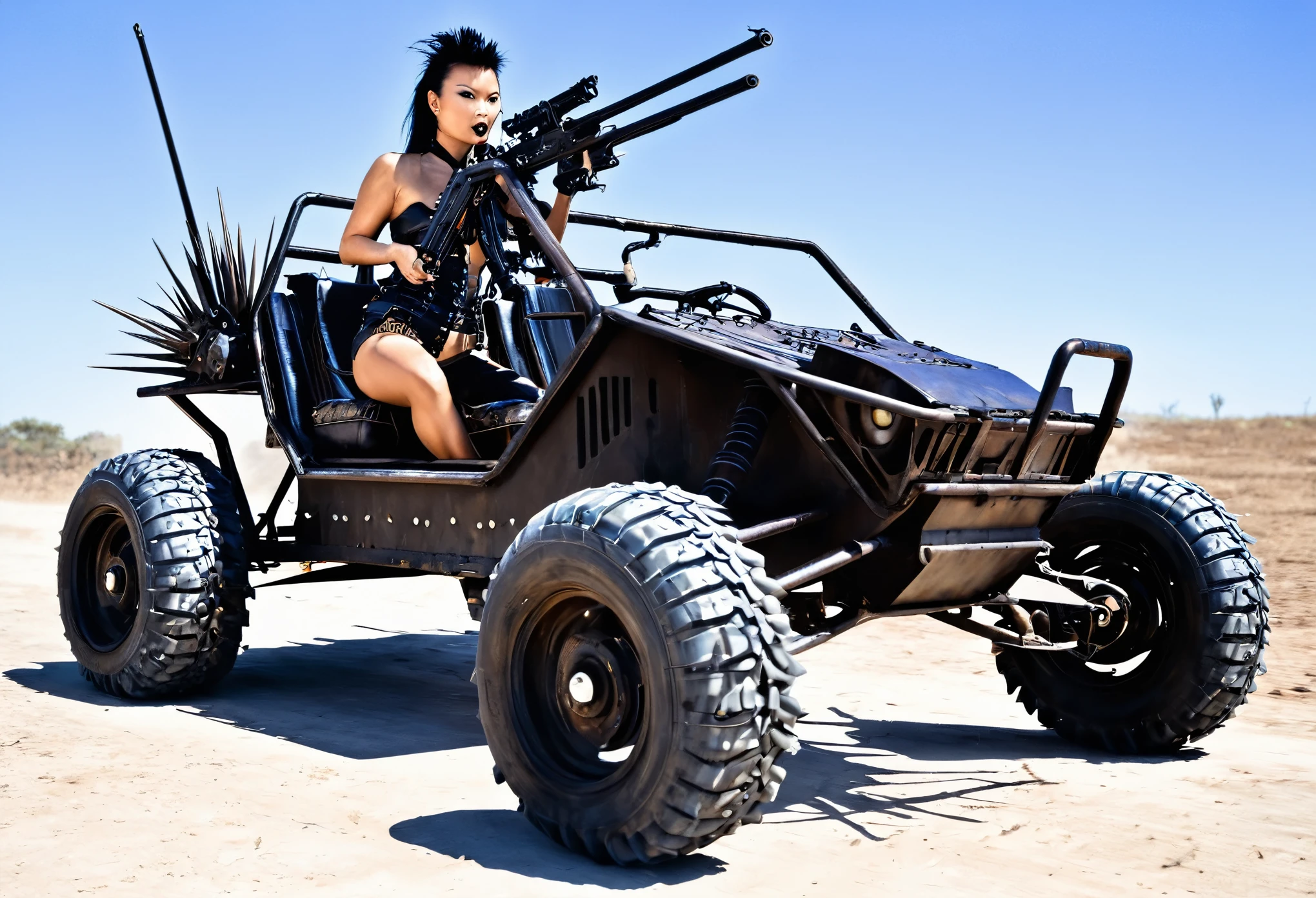 Movie Road Warrior) Action photography of a wasteland rail buggy with many spikes, guns, and lights, driven by a cannibal mutant (Kelly Hu, age 25, sexy leathers, mohawk, tattoos), low angle view