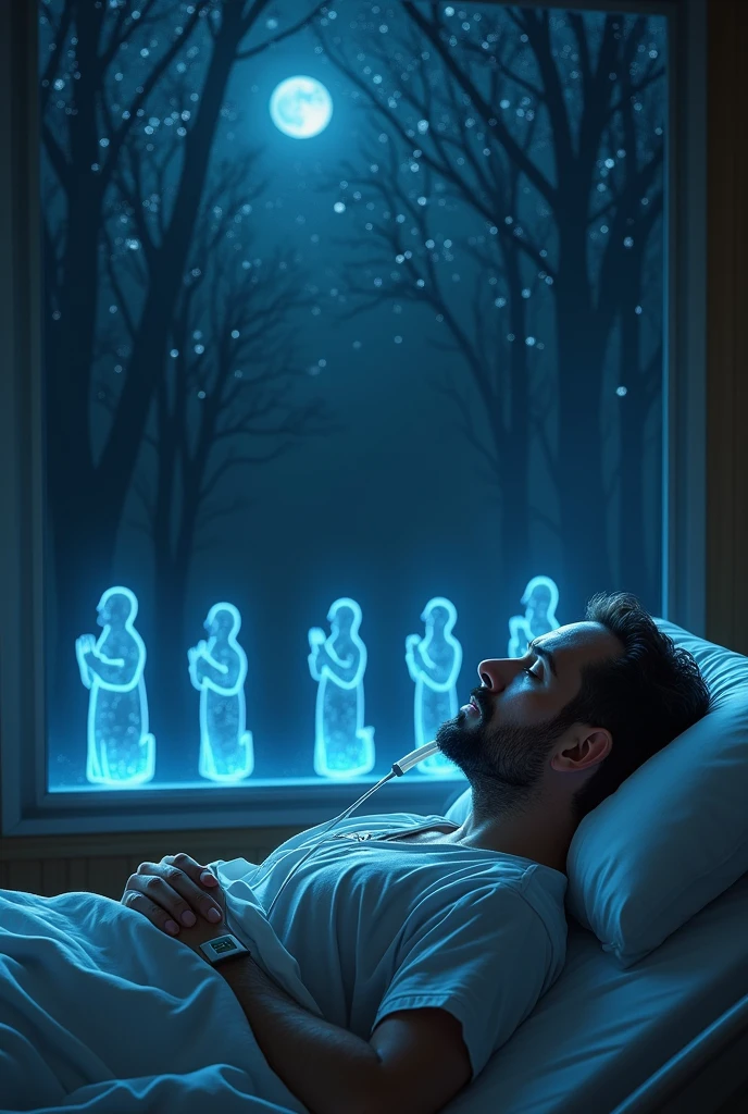 A very serious man intubated with an artificial respirator lying on a bed nearby looking at a forest at night with stars where there are silhouettes of humans like holograms praying on their knees and looking at the sky from right to left