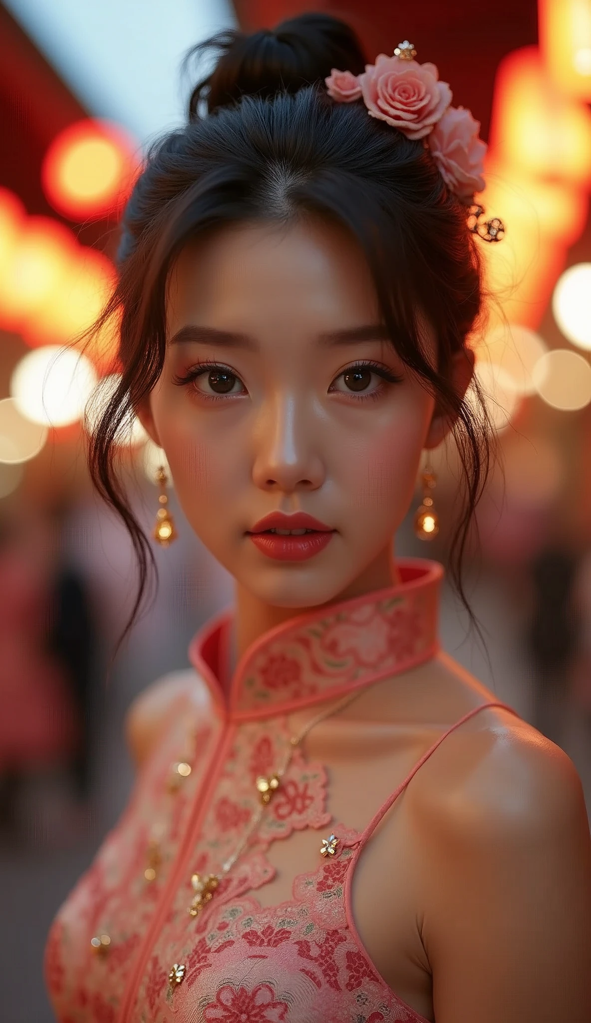 Best Quality Detail:1.2, realisitic, in 8K,nffsw, hight resolution, The ultra-detailliert, High quality textures, intricate detailes, detaileds, Very detailed CG, High quality shadows, Detail Beautiful delicate face, Detail Beautiful delicate eyes, depth of fields, Ray traching, Women over 24 years old,Pretty Kpop Girl, Korean Urzan Face:1.1, Slender face, Looking at the camera、pureerosface_v1, gloweyes, teak, Glossy lips, perfectbody,(China Street:1.3)、,The best smile,、(tits out)、(cleavage of the breast)、(fascination pose)、(white panties)、fascination pose、Legs wide open、((Panties are visible:1.2,)) (qipao dress:1.5)、Side Tie Peak、Cameltoe,Photorealsitic:1.4, ultra-detailliert, photos realistic, Full Color RAW Photos, Fuji Film(Medium format:1.2), Hasselblad:1.2, Carl zeiss:1.1, Incredible dynamic range photography(UTIL_Art by Smoose-768:1.1), hight resolution, High pixel count, clear details, crisp image, Natural color reproduction, Noise Reduction, High fidelity, qulity, Software Improvements, Upscaling, Optimized algorithms, Pro-level retouching、Japan Bon Odori、japanese festival、Night festivities、