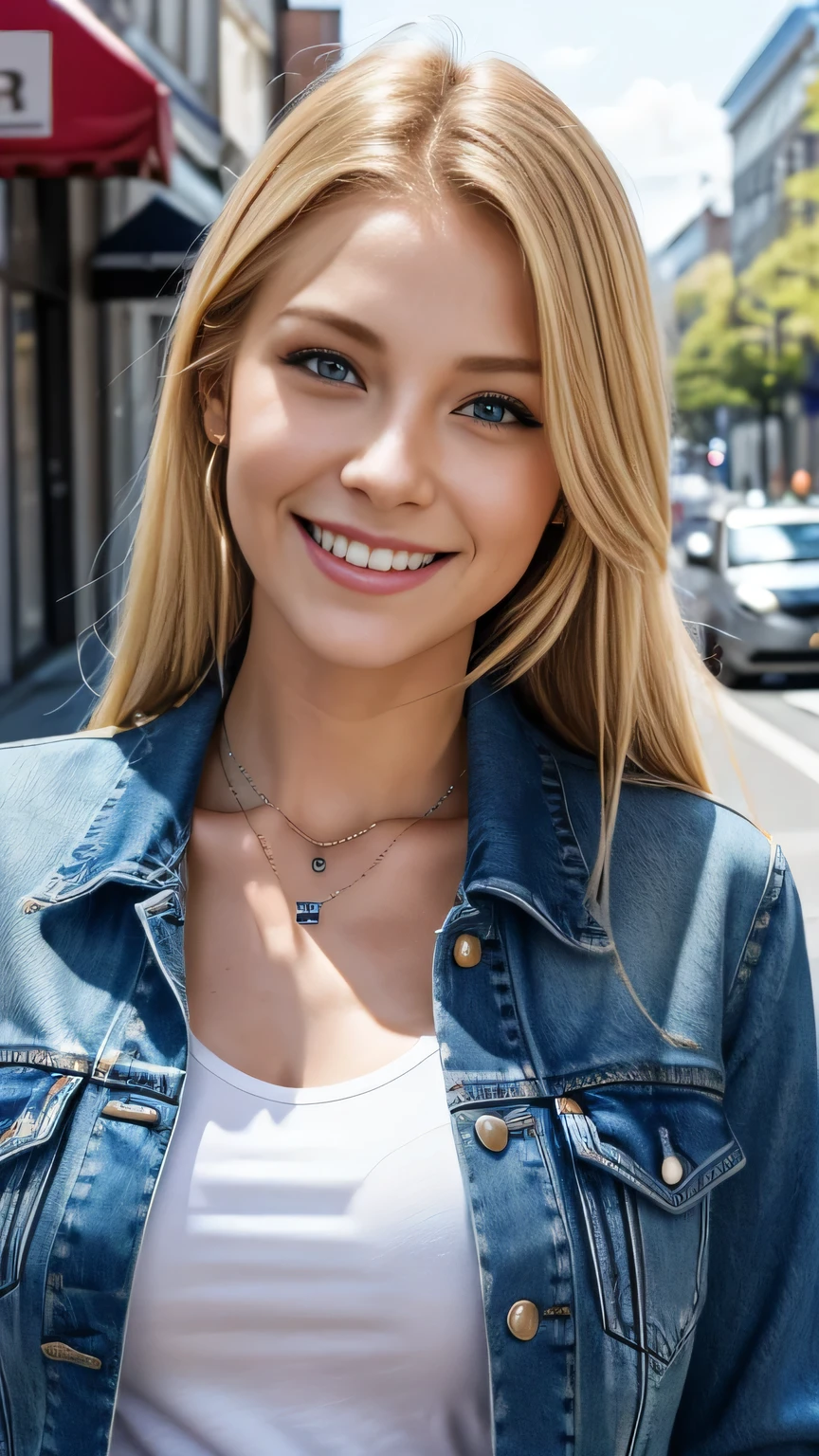 Super Resolution、Beautiful German Women、、Blonde Hair、blue eyes、ウェーブのかかった髪、Thin sunglasses、ear piercing、necklace、Denim jacket、shirt、smile、Beautiful teeth alignment、The background is a city street