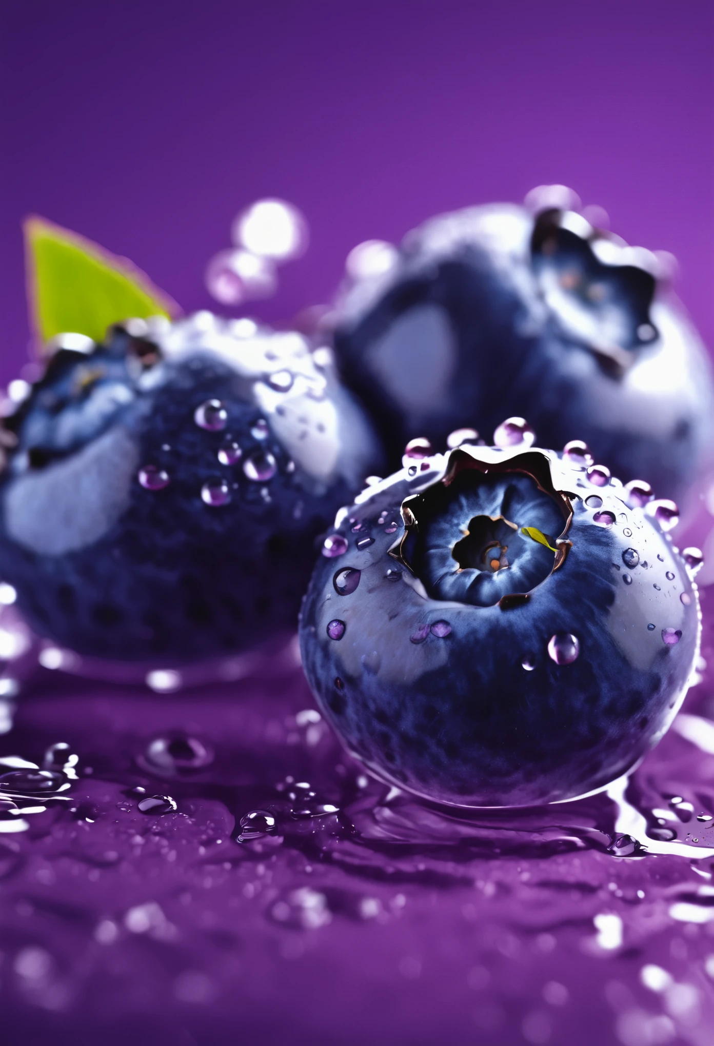 2 blueberries,Macro close-up,Water Drops,3D Style,Purple background,Ultra-detailed depiction