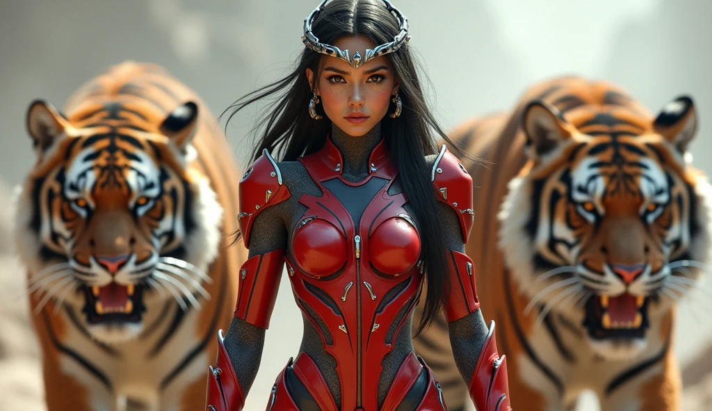 girl is depicted as a striking and powerful figure with a strong, confident presence. She is dressed in a futuristic, cybernetic outfit that accentuates her form. Her attire is a blend of armor and sleek design, featuring red and silver tones that highlight her physique. The outfit includes intricate details, such as metal components and glowing elements, giving her a high-tech, warrior-like appearance.
Her long dark hair flows behind her, and she has a focused, determined expression on her face. The girl also wears a headpiece or tiara, adding to her regal and formidable look. She appears to be walking with purpose, and behind her is a massive, fierce-looking tiger that further emphasizes her powerful and protective nature. The overall scene suggests that she is a guardian or warrior, possibly in a sci-fi or fantasy setting, and the tiger seems to be her companion or protector.