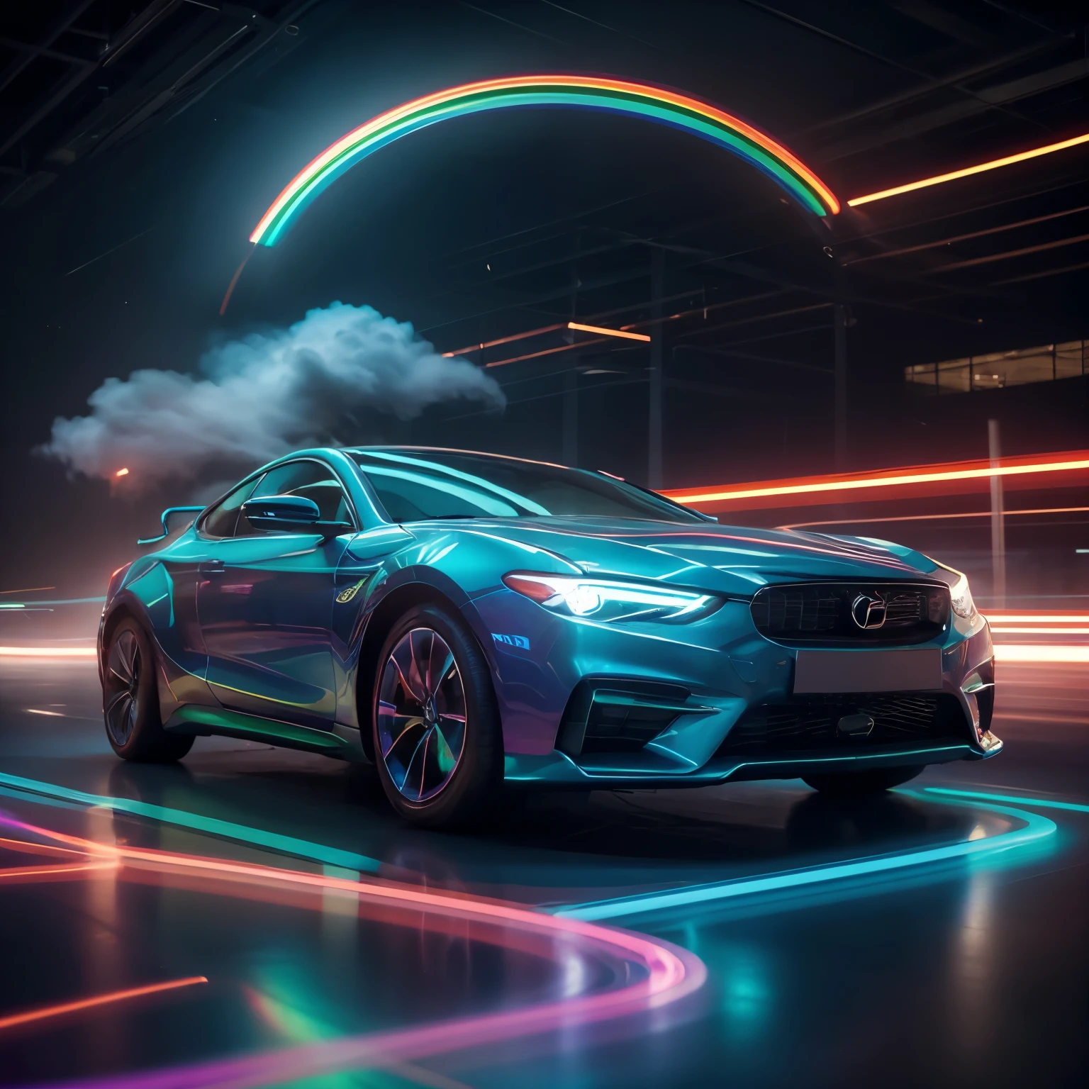 Neon city，car，smoke，clude，neon light,glowing,energy,magic circle,1girl,cloud,smoke,floating hair，fantastic colors, close-up, reflective transparent rainbow colors, soft light ing/soft light, high detail, ultra high definition