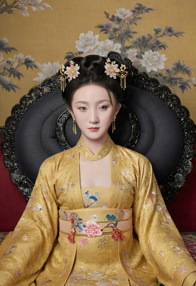 From the pre-Qing period, The Empress sits naked on a large golden sofa in the palace, Her legs were spread, At the Chinese court during the Qing Dynasty, Empress of the Qing Dynasty, Wearing the great crown of the Chinese Empress, Belly and thighs visible from below.。She is completely naked, Showing off gorgeous large flowers and hairpins, She tied her hair up and pulled it up, 背景はEmpress of the Qing Dynastyの豪華な宮殿.