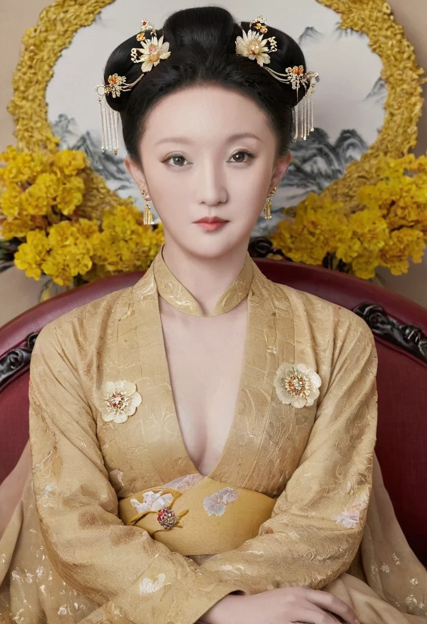 From the pre-Qing period, The Empress sits naked on a large golden sofa in the palace,  Her legs were spread, At the Chinese court during the Qing Dynasty, Empress of the Qing Dynasty, Wearing the great crown of the Chinese Empress, Belly and thighs visible from below.。She is completely naked, Showing off gorgeous large flowers and hairpins, She tied her hair up and pulled it up, 背景はEmpress of the Qing Dynastyの豪華な宮殿.