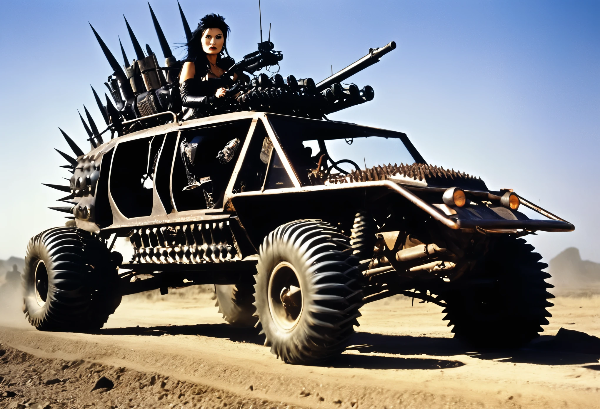 Movie Road Warrior) Action photography of a wasteland rail buggy with many spikes, guns, and lights, driven by a cannibal mutant (Kelly Hu, age 25, sexy leathers, mohawk, tattoos), low angle view