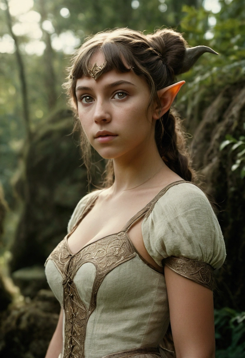 analog film photo, photo of a young elven girl, 18 years old, elf ears, amber eyes, shaggy brunette ponytail, tan complexion, Amazonian stature, voluptuous hourglass figure, busty bosom, narrow waist, full hips, big plump buttocks, wearing a linen mini-dress, strolling through a fantasy landscape, RAW Photograph, dslr, soft lighting, high quality, film grain, Fujifilm XT3, detailed skin with visible pores, insane details, masterpiece, 8k, 35mm photograph, dslr, kodachrome, faded film, desaturated, grainy, vintage, Lomography, stained, highly detailed, found footage, close-up shot, elven ears
