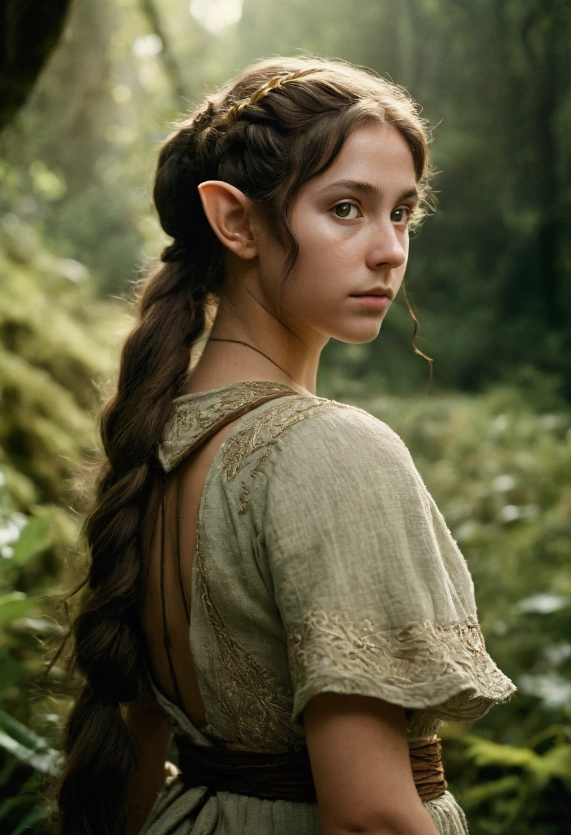 analog film photo, photo of a young elven girl, 18 years old, elf ears, amber eyes, shaggy brunette ponytail, tan complexion, Amazonian stature, voluptuous hourglass figure, busty bosom, narrow waist, full hips, big plump buttocks, wearing a linen mini-dress, strolling through a fantasy landscape, RAW Photograph, dslr, soft lighting, high quality, film grain, Fujifilm XT3, detailed skin with visible pores, insane details, masterpiece, 8k, 35mm photograph, dslr, kodachrome, faded film, desaturated, grainy, vintage, Lomography, stained, highly detailed, found footage, close-up shot, elven ears