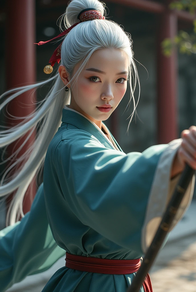 70 years old,Beautiful woman,Black and gray hair with white temples,Will martial arts,Tang Dynasty。Will martial arts的美丽老奶奶被对手打