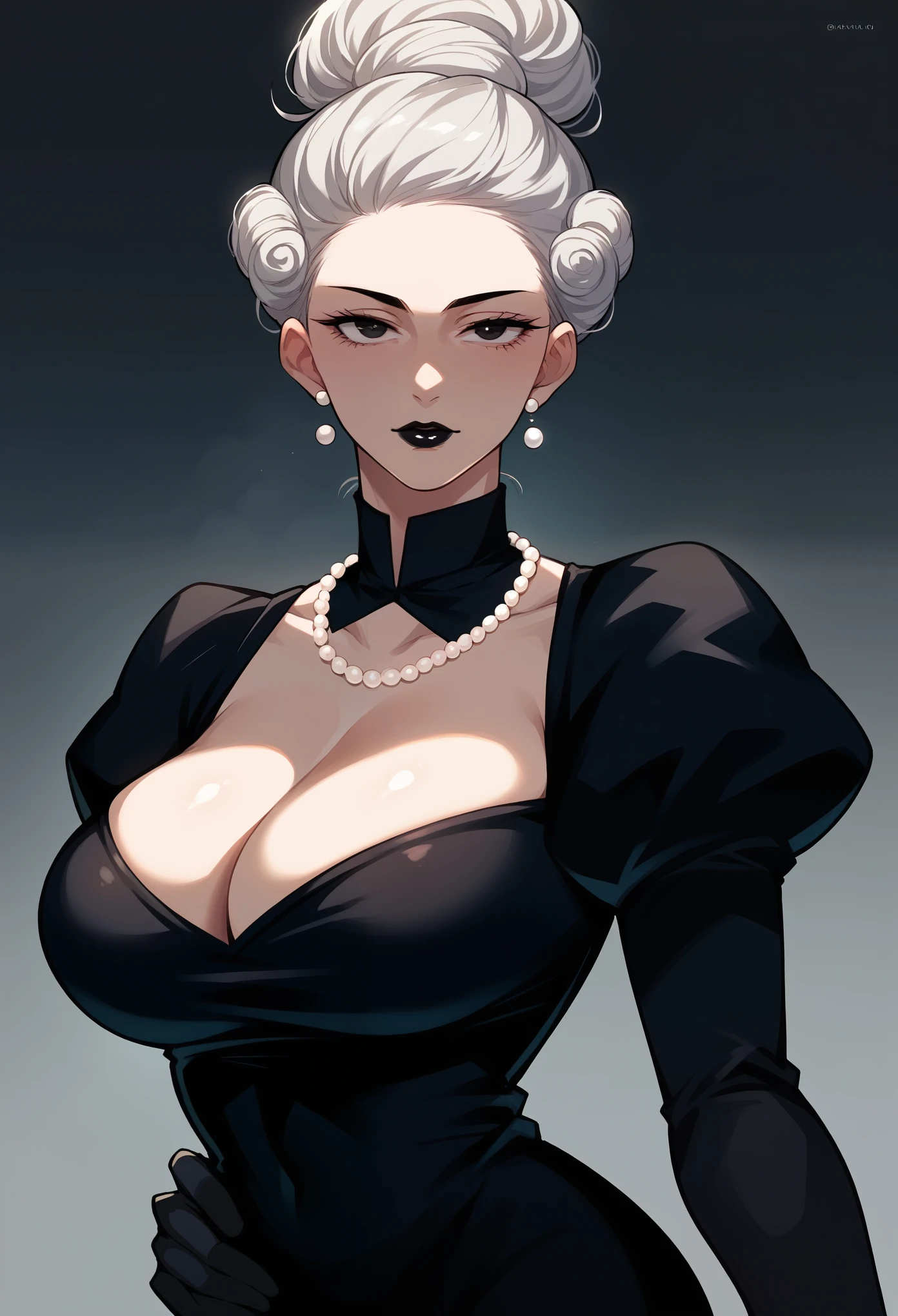 mature woman,white curly bun hair tied in a ponytail, hand on the waist,Seductive  ,black eyes,black lipstick, Big breasts, black gloves, pearl necklace black dress white details, ,90s anime style