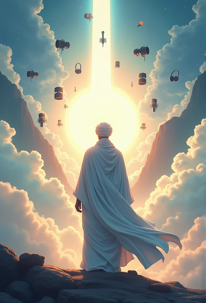 animation. Cinematic A very dignified and dashing Muslim man, wearing a long white turban that extends downwards, wearing a long plain white robe, facing backwards, only his back is visible, you can see the aura, chakras and good power that are coming out powerfully around his body, he standing in the middle of a cloudy mountain peak, in an epic view of the sky and beautiful clouds, in the sky filled with electronic equipment for a preaching studio, there are floating objects such as microphones, speakers, computers, headphones. Anime style. UHD. 4K.