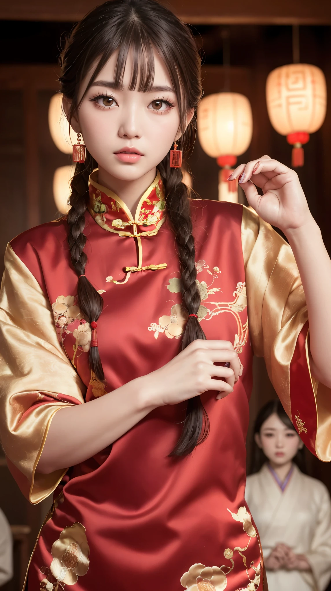 Realistic, masterpiece, Highest quality, Highest Resolution, Anatomically correct, Accurate Anatomy, 7 heads, Height: 165cm, One Japanese woman, Staring at the audience, Open your mouth and laugh, Staring at the audience, Fine and beautiful eyes, Sparkling eyes, Thin eyebrows, Gives lashes a delicate finish, False eyelashes, (Chinese traditional makeup:1.2), (Dumpling+Braided hair, Blunt bangs, Brown Hair:1.2), Detailed face, Sharp Eyes, (Traditional Chinese Dress, Clothes that fit snugly to the body, Random Color:1.3), Upper body photo, Background like ink painting