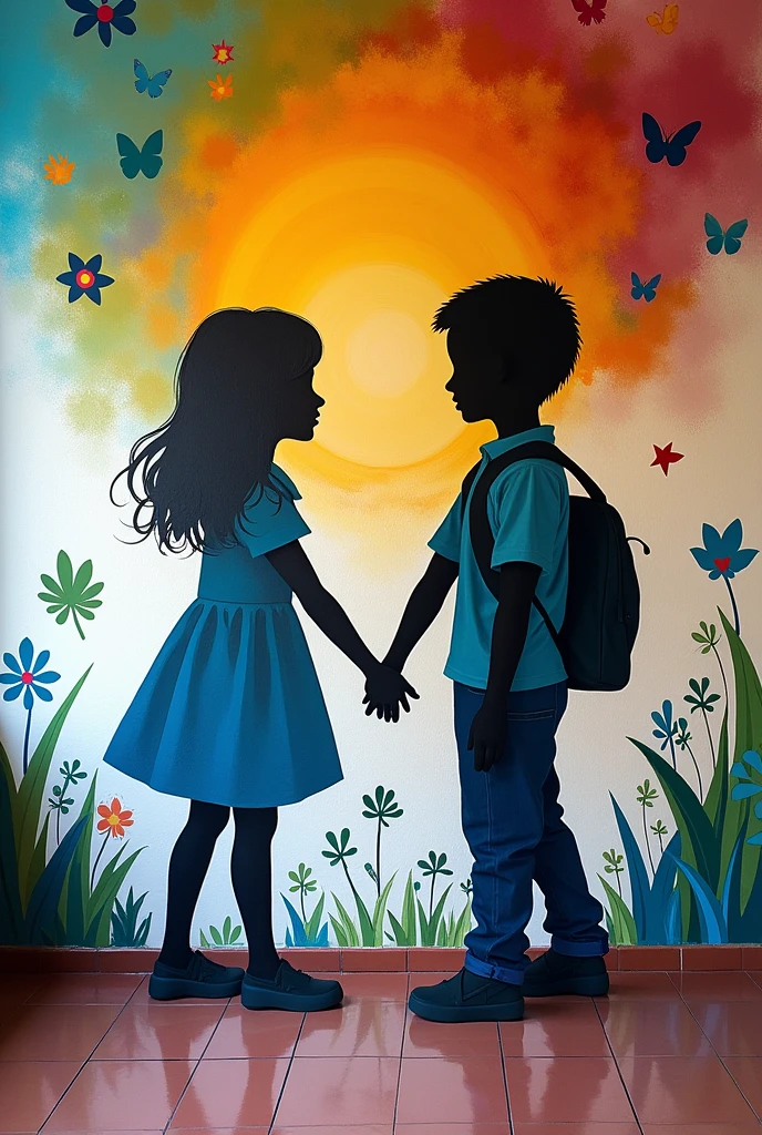A mural of the value of prudence in school art muralism, that there are simply two silhouettes and that the values are conceptual and that the people are not realistic, but rather they be simple, and a little more colorful and expressive more expressive and educational with the value of collaboration and be a simple illustration with several colors of meaning prudence