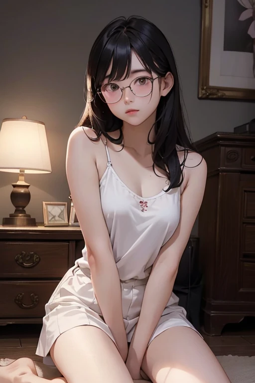 Highest quality、masterpiece、High sensitivity、High resolution、Detailed Description、Slender women、Glasses、White camisole、Sitting on the floor、In a pitch black room、With pink lighting、Illuminate、
