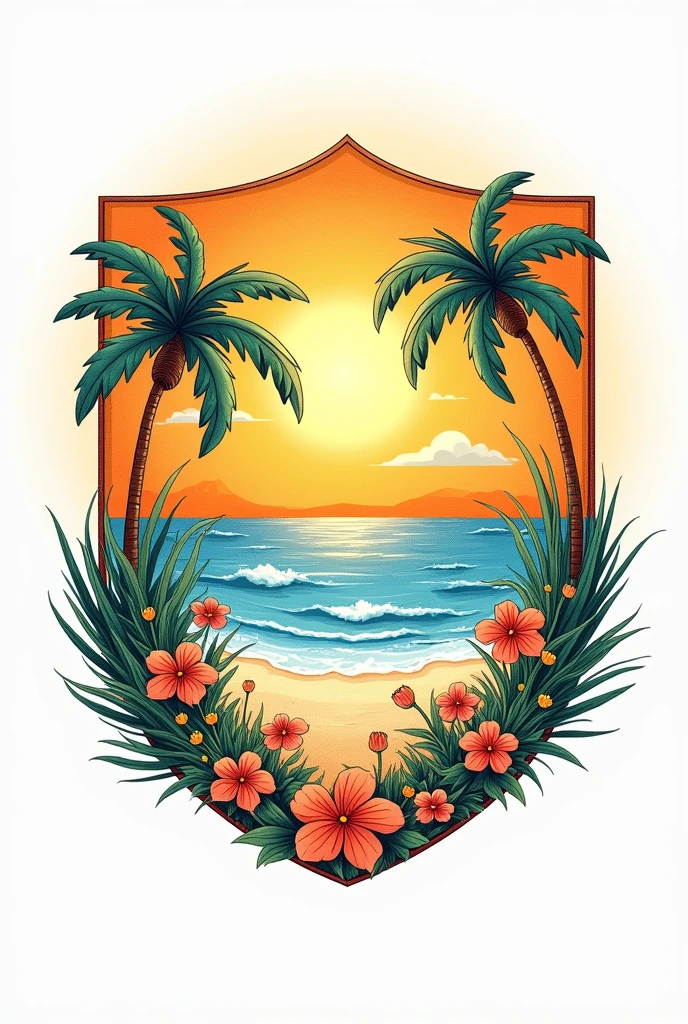 A FAMILY SHIELD containing elements inside the shield such as a beach house with palm trees and flowers drawn with a sunny sunset landscape that symbolize the family SIMPLE DRAWINGS TO DRAW