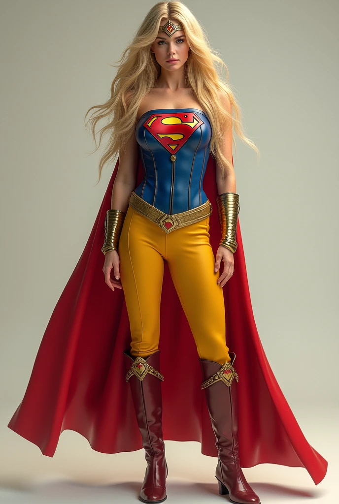 A beautiful woman with long blonde hair three feet long wearing the suit of the Kryptonian Kara zor-El aka Supergirl Suit Blue and red jacket in leather red corset with Superman emblem on her chest yellow pants combined with blue Roy in leather red knee-high boots with gold trim long gold bracelets Diaema with Superman logo or emblem on her forehead
