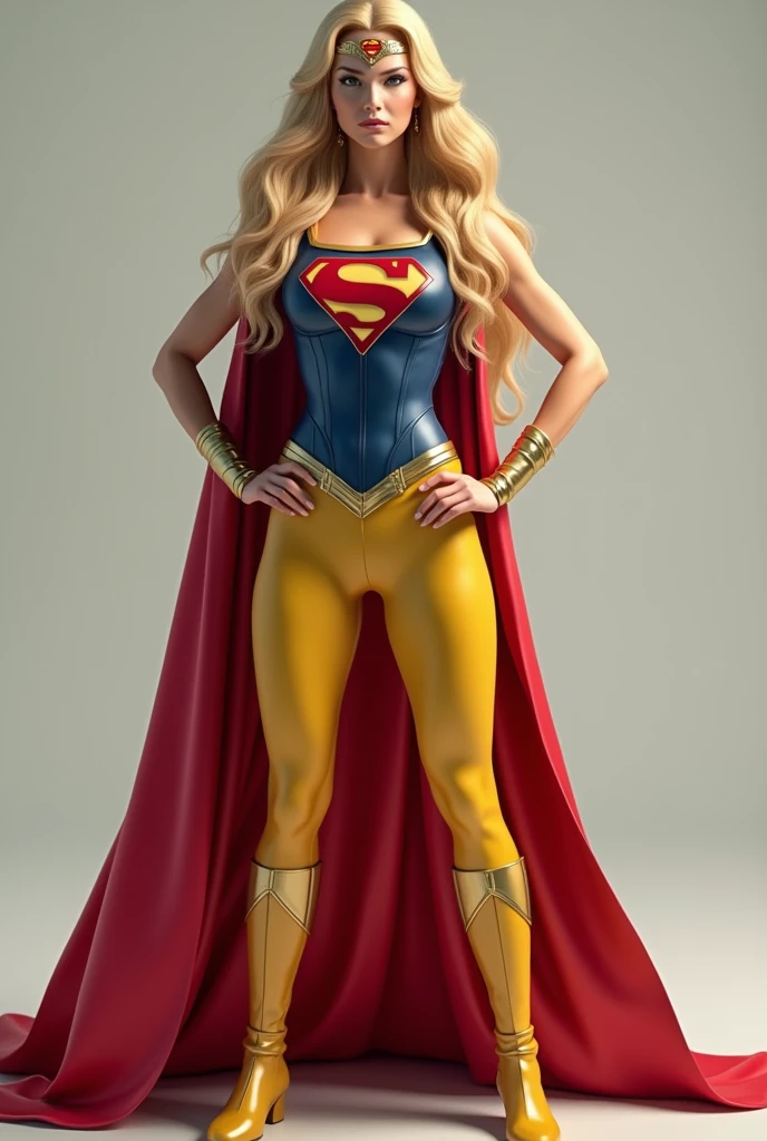 A beautiful woman with long blonde hair three feet long wearing the suit of the Kryptonian Kara zor-El aka Supergirl Suit Blue and red jacket in leather red corset with Superman emblem on her chest yellow pants combined with blue Roy in leather red knee-high boots with gold trim long gold bracelets Diaema with Superman logo or emblem on her forehead