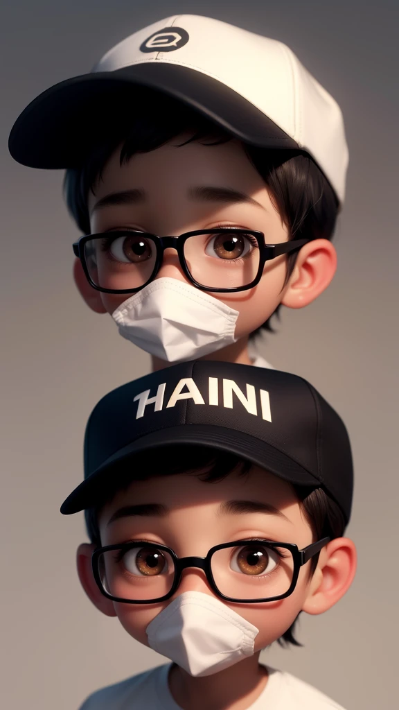 Oval-shaped male face with soft, smooth skin and warm golden brown skin tone, adorned by a pair of large expressive brown eyes, sparkling with curiosity, wearing a pair of square glasses with smooth edges. corner, on top is a short, neat black hairstyle, partially covered by a black baseball cap with a slightly curved brim, with the letters GALER VODGAL in the middle in white, worn at a small angle, creating a shadow on the forehead and a black mask covering the nose and mouth, with delicate folds at the edges, creating the impression of a gentle smile, creating a sense of playfulness and mystery.