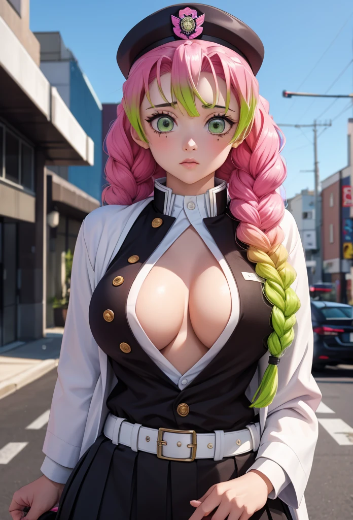 Masterpiece,Solo,1Girl,Mitsuri Kanroji,(Kimetsu No Yaiba),Big Breasts,Perfect Body,Best Quality,High Resolution,Photograph 16K,Ultra Detailed,Multicolored Hair,Pink Hair,Green Hair,Beautiful,Beautiful Girl,Street Version,Blonde Hair,Female Police Theme,Female Police Uniform,Police Short Skirt,Police Hat,Sexy Body Hot,Sexy Uniform